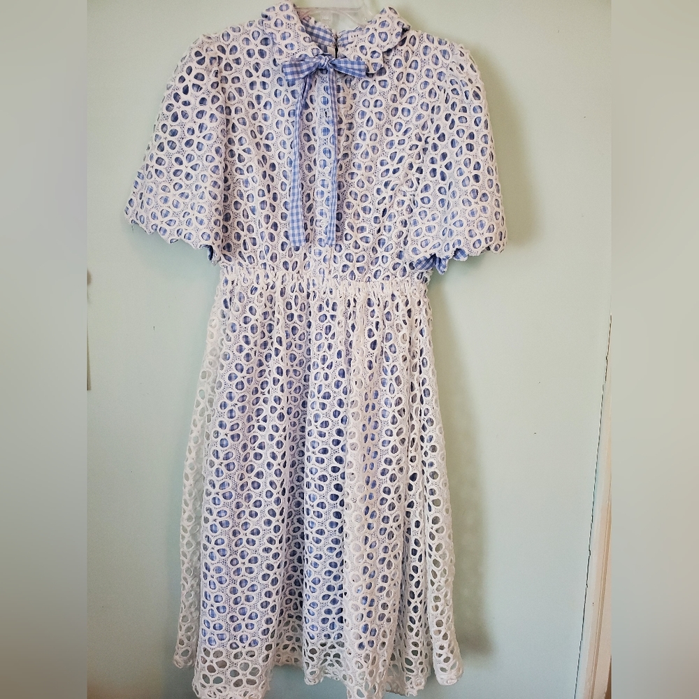 Eyelet, lace, blue and white gingham dress